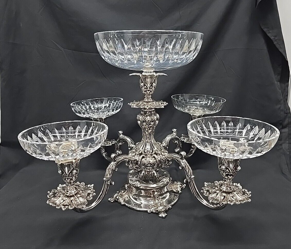 Reed & Barton Epergne #166 Silver Plated Candelabra Rogaska Crystal Bowls 