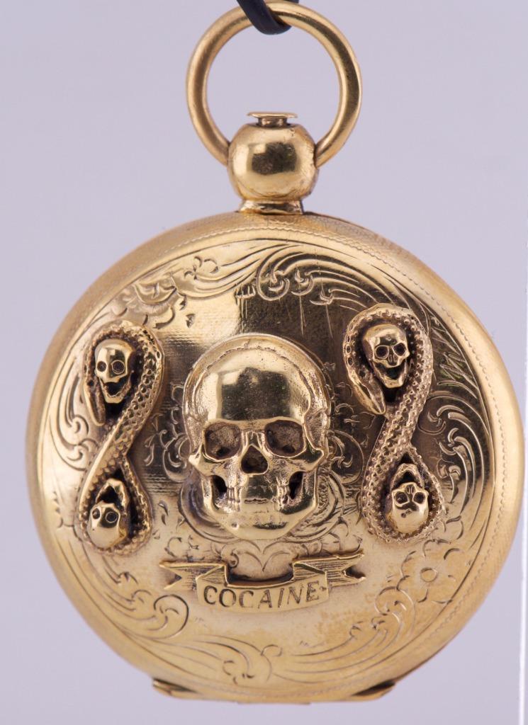 Antique Victorian Gilt Silver Medicine Poison Pill Box c1880's Skull Warning Tag