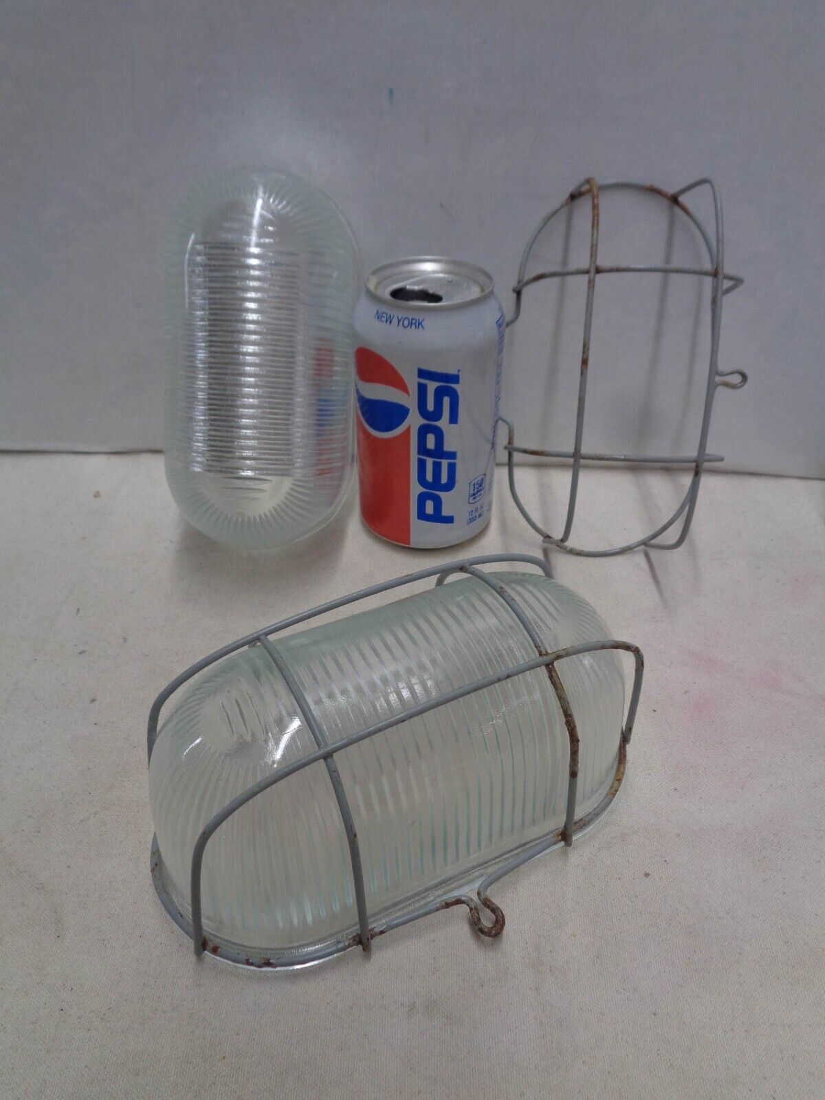 Pair INDUSTRIAL LAMPS small wire cage & glass Vintage 1970 - 1980 ? FOR PARTS
