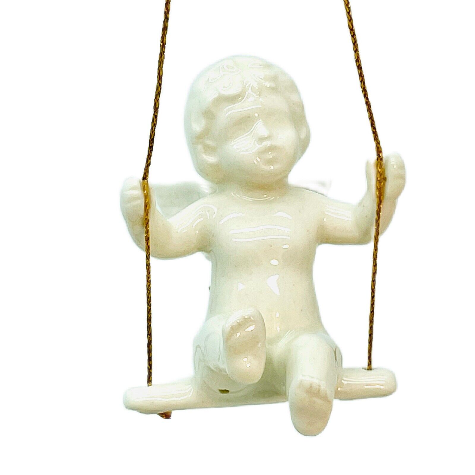 Vintage Fitz & Floyd Angel Cherub Porcelain Ornament On Swing Gold String Japan