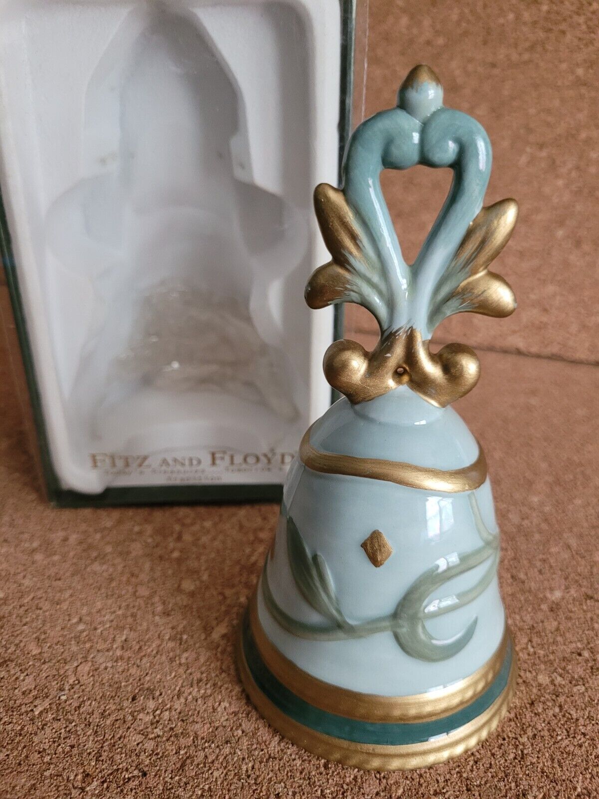 FITZ & FLOYD 2006 Bell Clairmont Classics Blue Green Gold Christmas Embossed