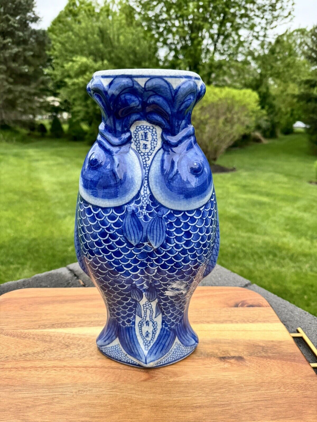 Vintage Chinese Porcelain Double Koi Fish Blue Crackled Vase 14”LARGE  VASE