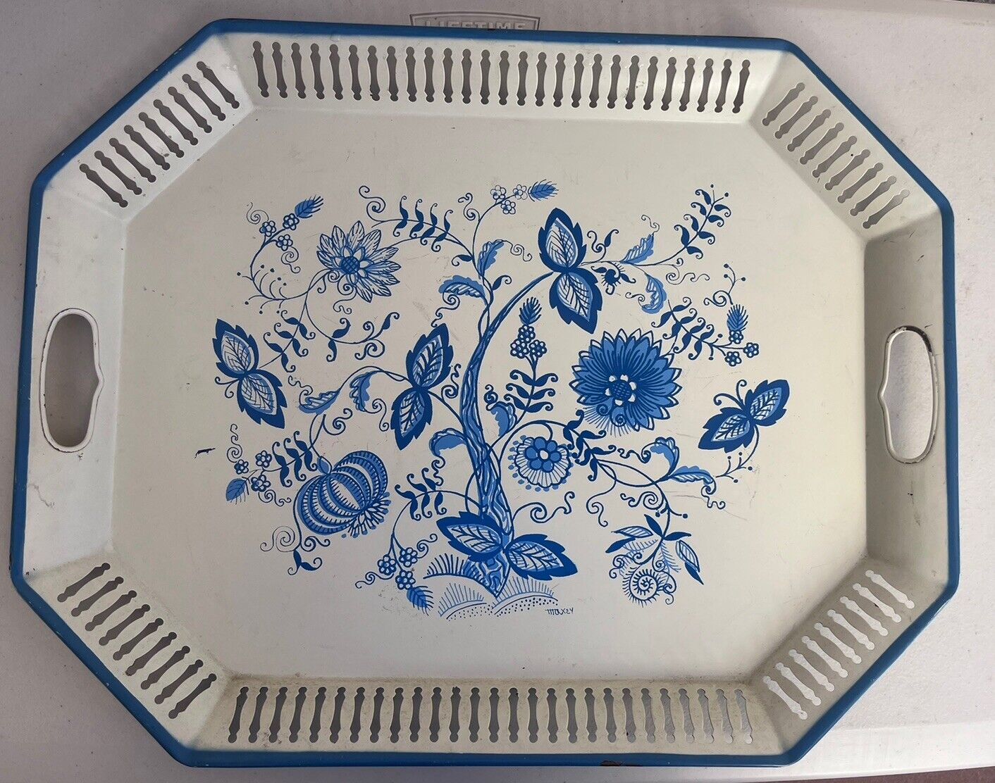 Vintage Large Blue Onion Serving Tray Reticulated Sides Open Handles
