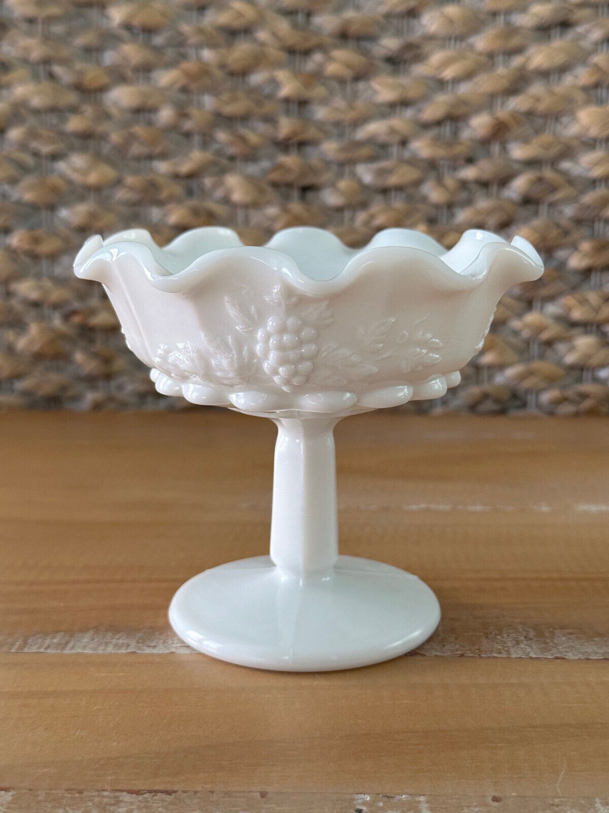 Vintage Westmoreland Milk Glass Paneled Grape Compote Footed Dish Ruffled 