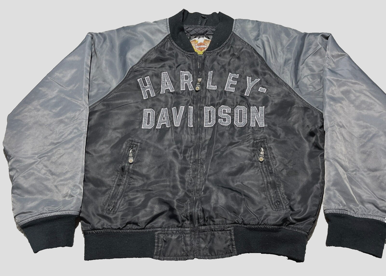 Harley Davidson Bomber Jacket Mens XL Black 100th Anniversary Embroidered Satin