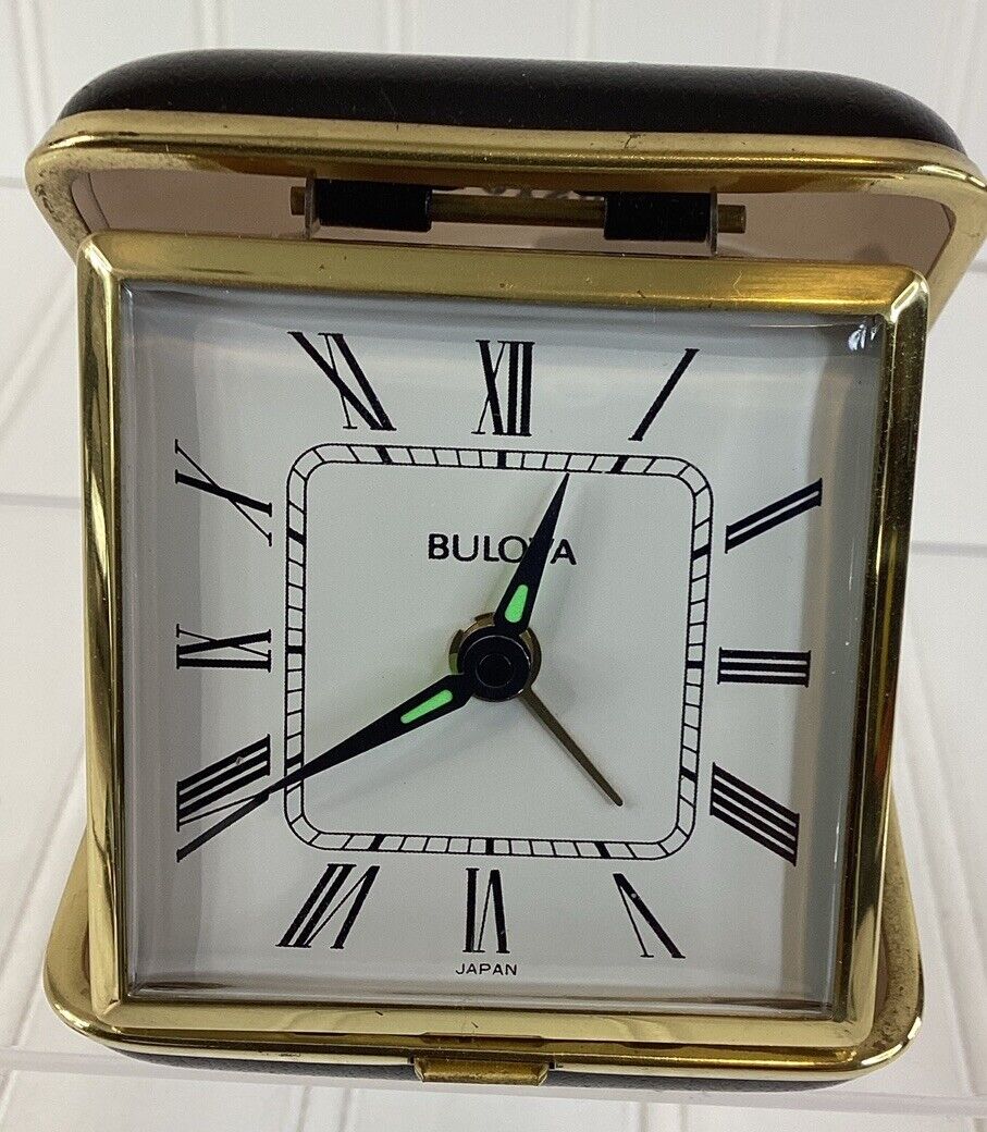 Vintage BULOVA Folding Travel Alarm Clock Black Case Made In Japan