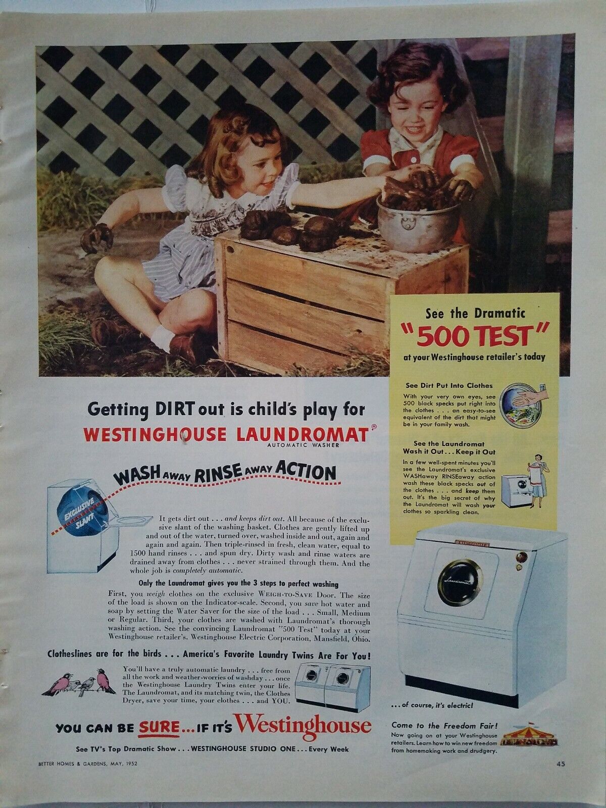 1952 Westinghouse laundry dryer little girls making mud pies vintage ad