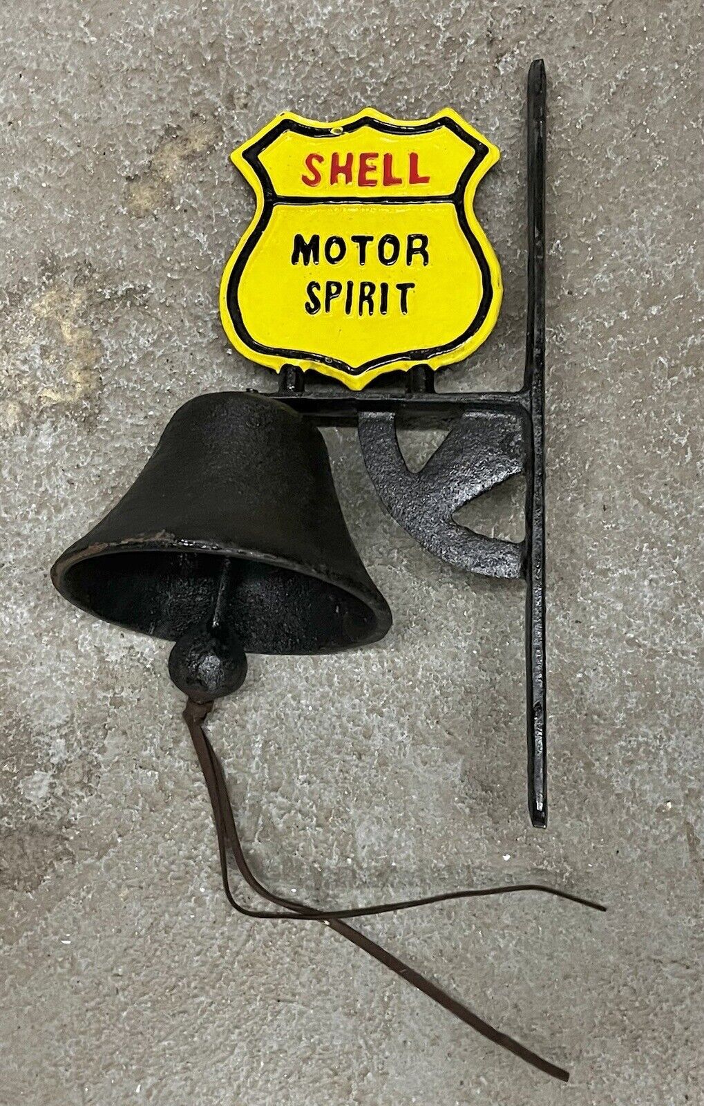 SHELL Motor Spirit Oil Cast Iron Flange Sign with Bell, 13” x 8”, 5.5” Bell
