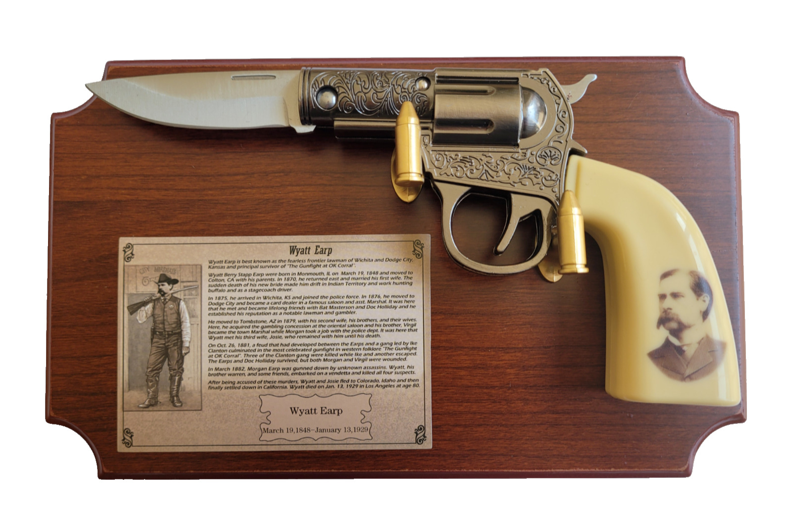 Wyatt Earp Pistol Knife W/ Wood Plaque Bullet Hook Collectable Western Gun Knife