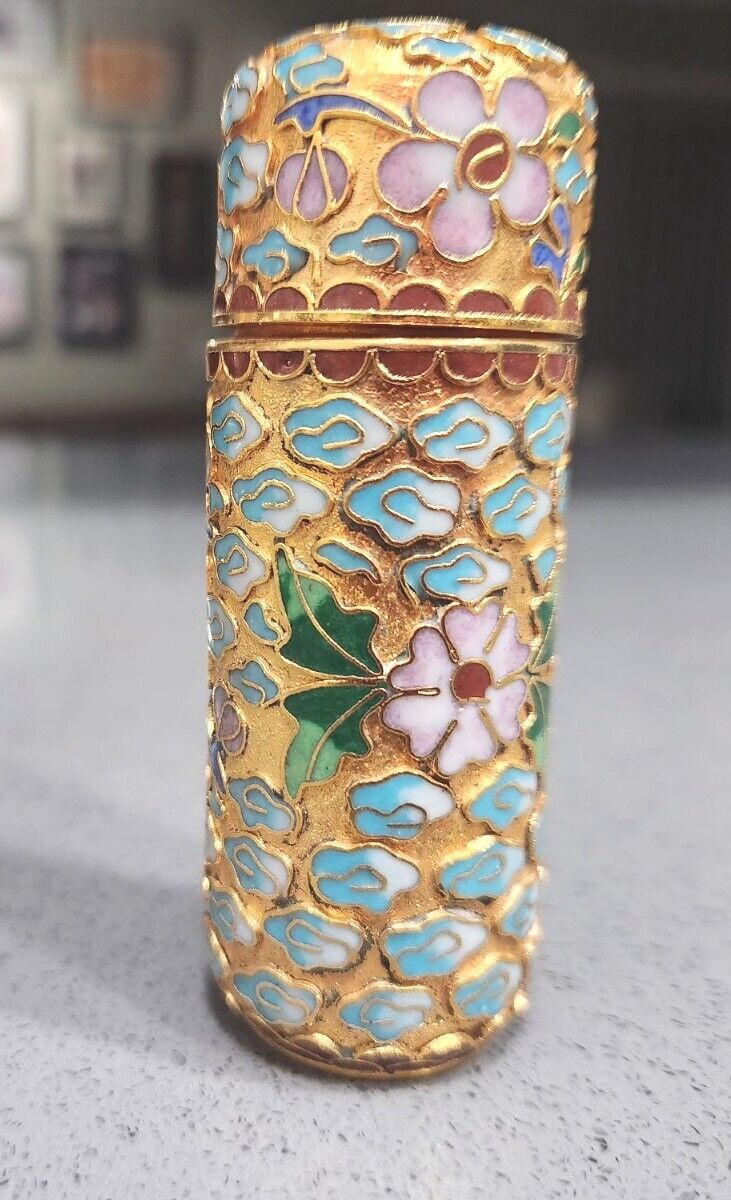 Vintage Cloisonne Enameled Brass Lidded Cylinder Trinket Box Lipstick Holder