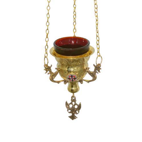 Beautiful Hanging 3 Chain Brass Vigil Lamp Christian Church Kandili Votive Glass