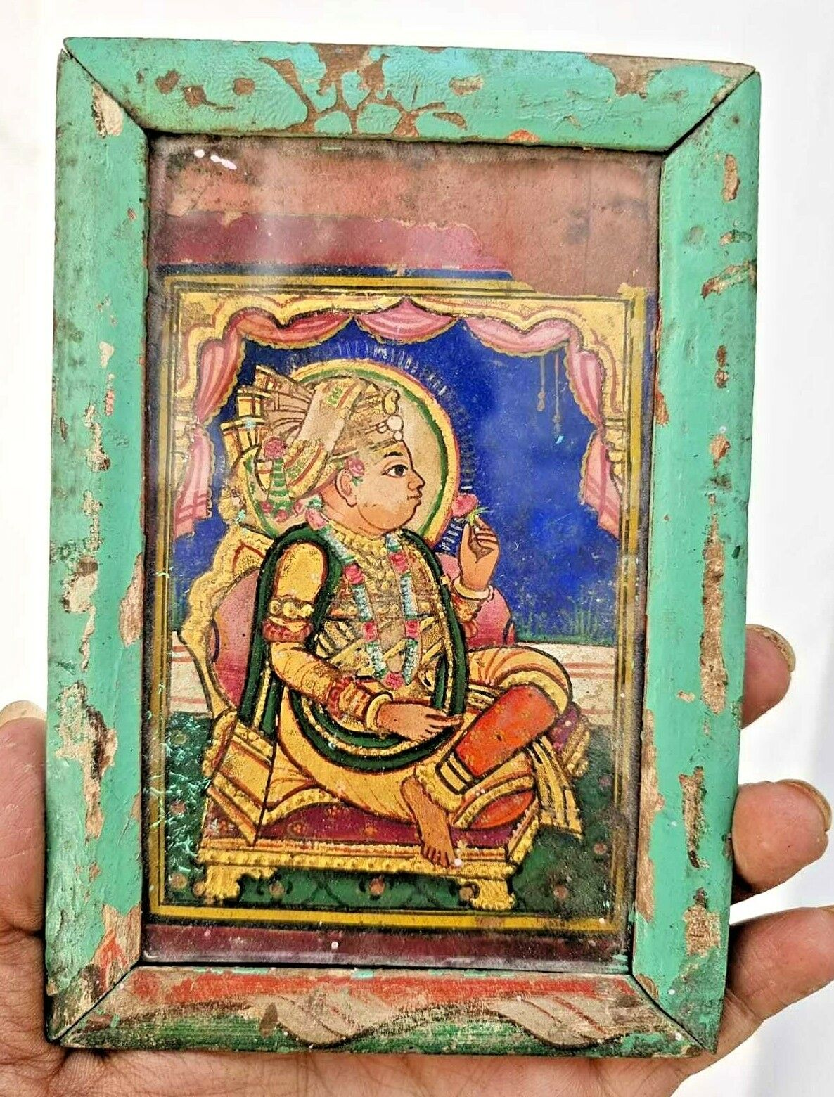 Vintage Old Beautiful Gold Work Hand Paper Painting Of Hindu Saint Wooden Frame