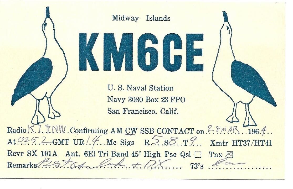 QSL  1964 Midway Island    radio card