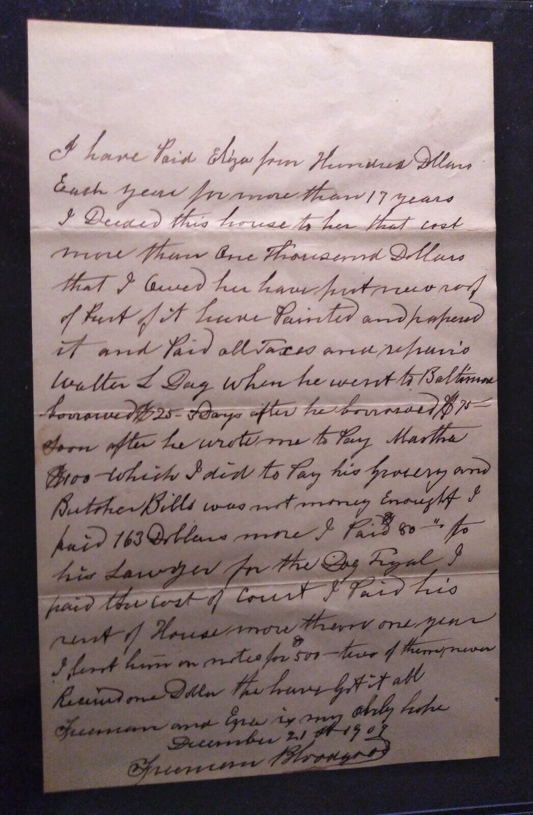RARE ALS HAND WRITTEN LETTER, SIGNED BY PIONEER FREEMAN BLOODGOOD . 1832-1925.