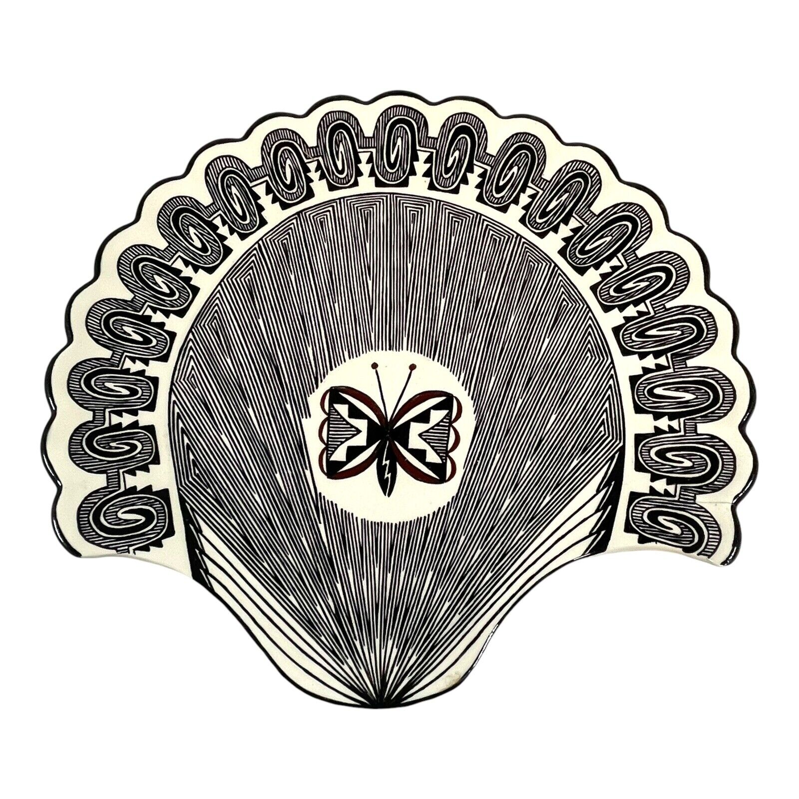 Signed H.B. Garcia Acoma Pueblo Pottery Butterfly Fan Serving Plate 12X11 READ