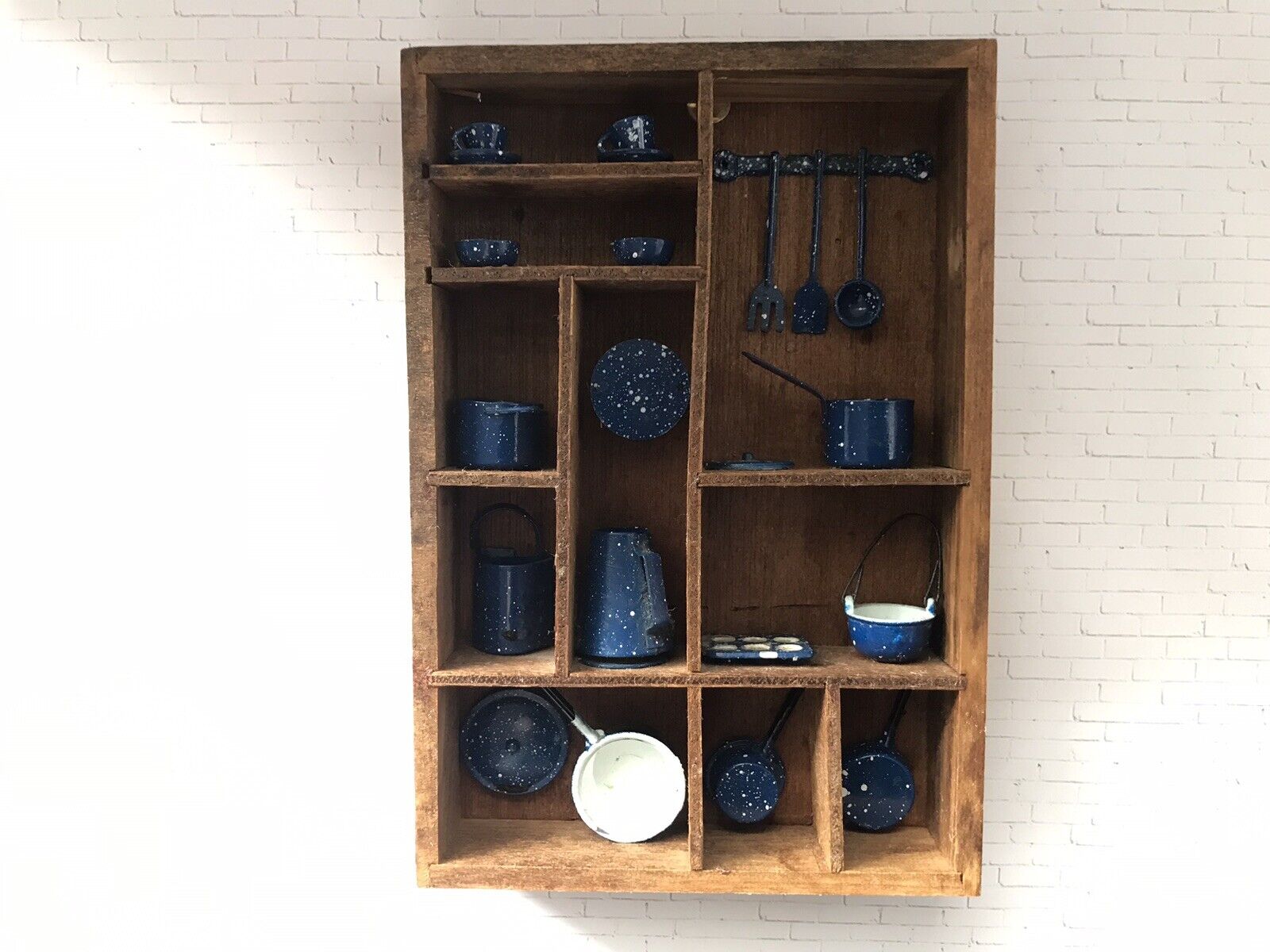 Vintage Wood Shadow Box Display Shelf with Miniature Enamelware