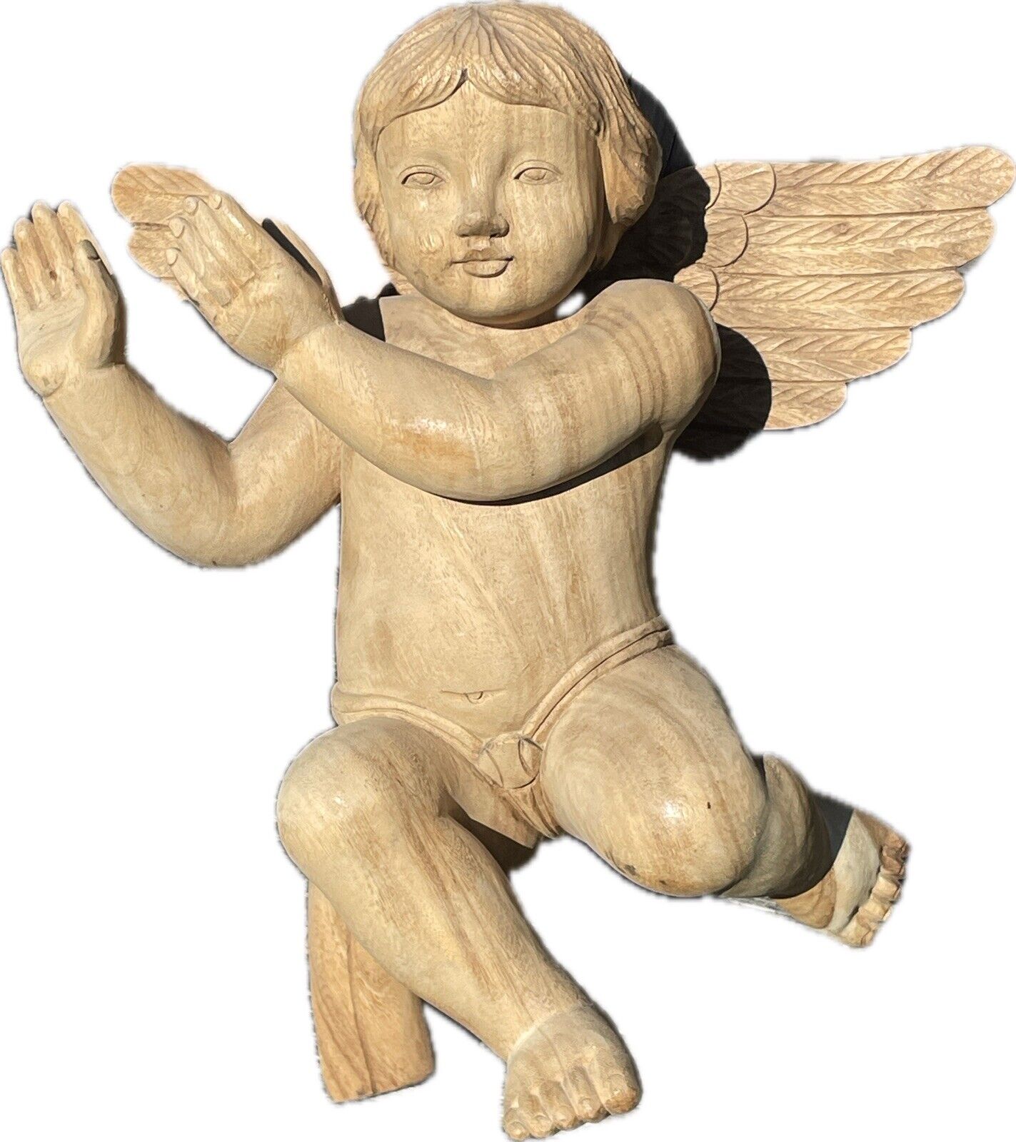 Large Vintage Holy Land Putti Angel Cherub Sculpture Hand Carved Olive Wood 18”