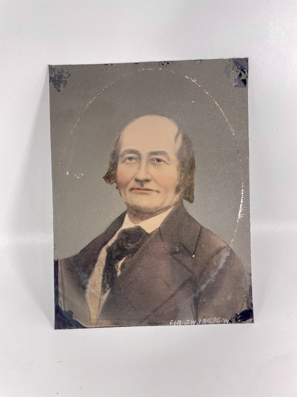 1800’s Folk Art Colored large Tintype Photo Distinguished Man In Suit Signed