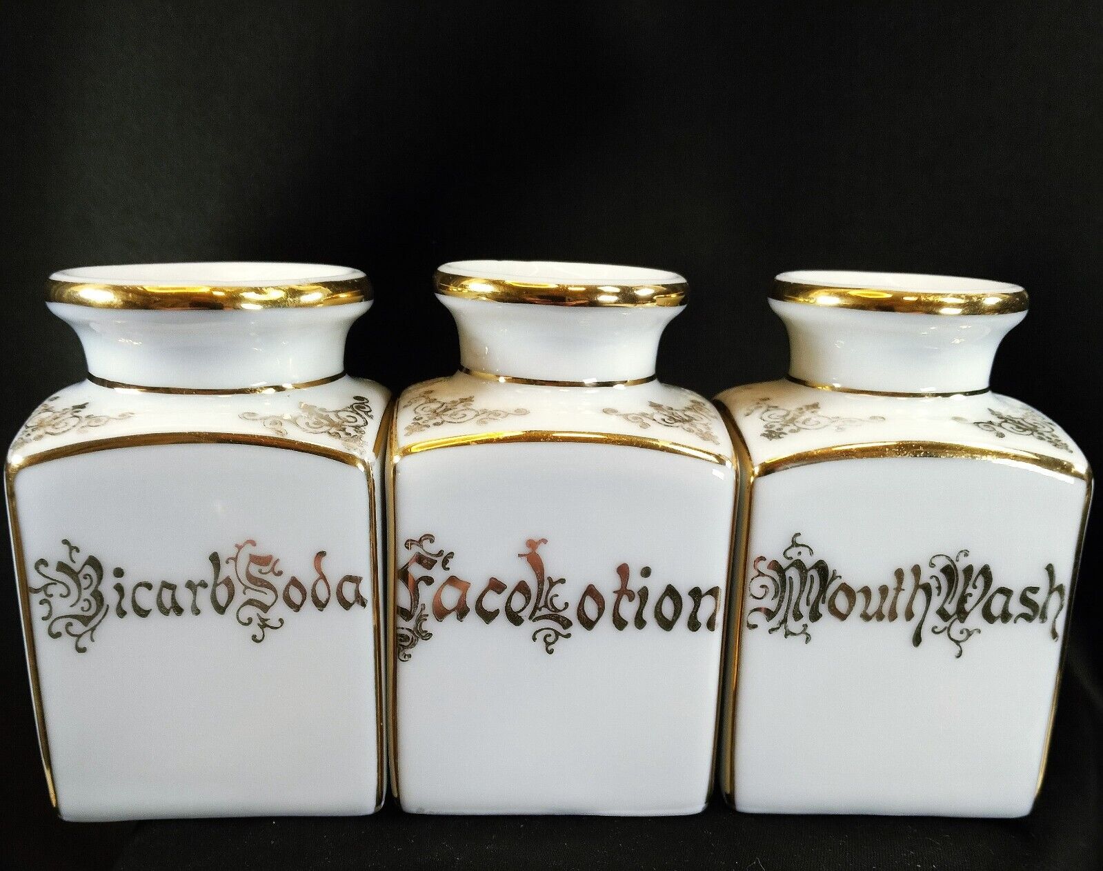 Antique Vanity Apothecary Jars Delicate Florals with Calligraphy Gold Trim