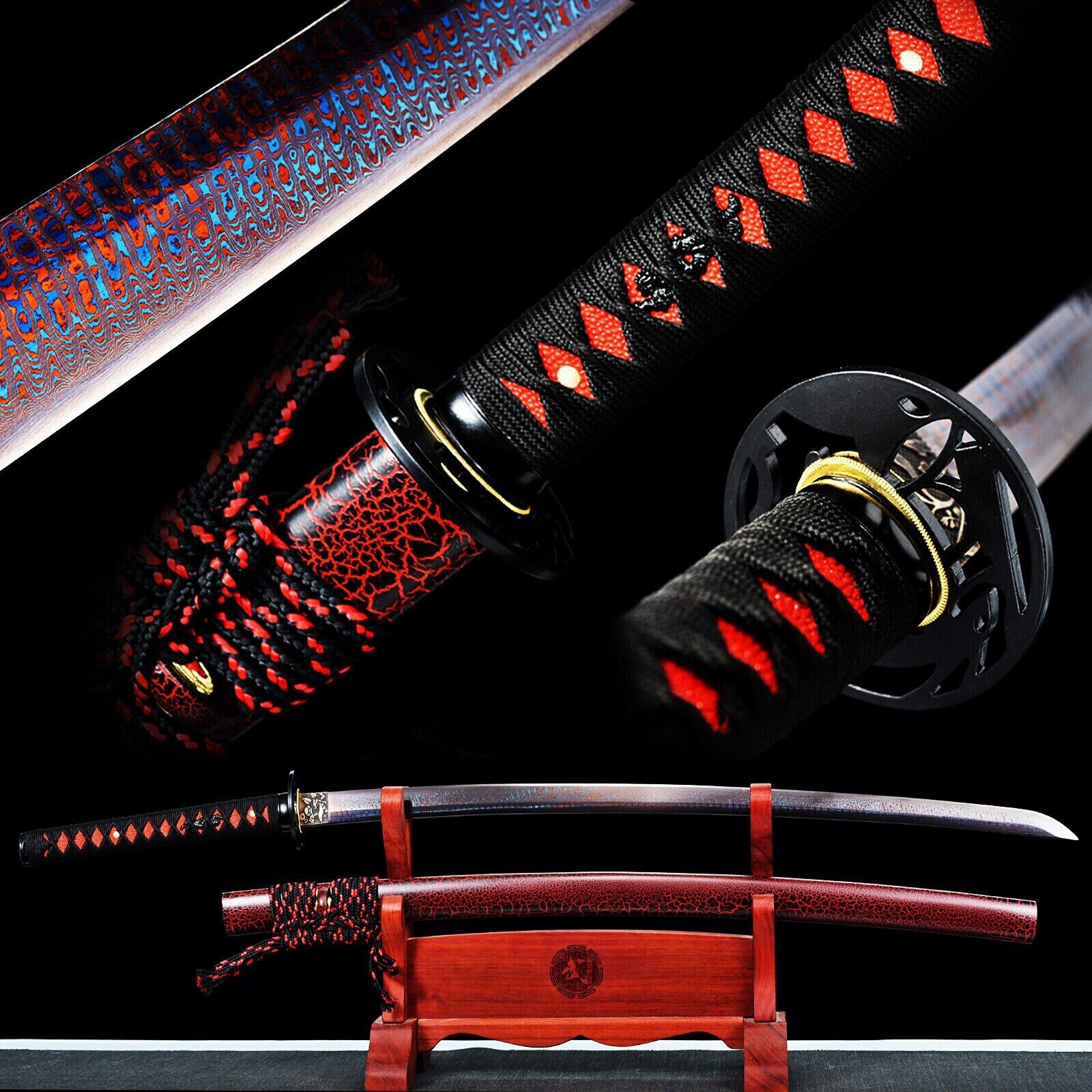 Unique Red&Blue Damascus Folded T1095 Steel Katana Japanese Samurai Sharp Sword