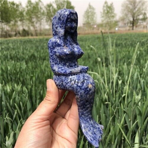 370g Natural Blue Dot Stone mermaid elf Sculpture handmade Reiki Decor