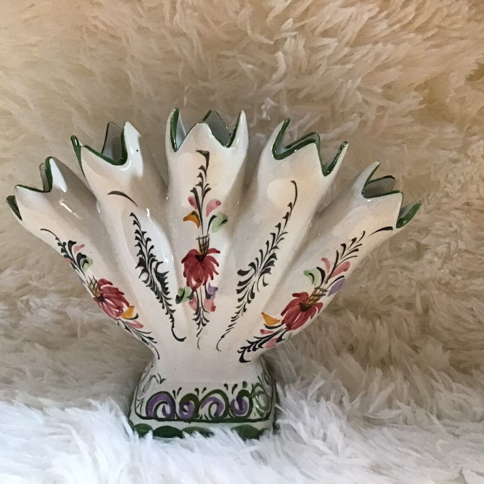 Tulip 5 Finger Bud Vase Portuguese Hand Painted RCCL Ceramic Vintage Cottage