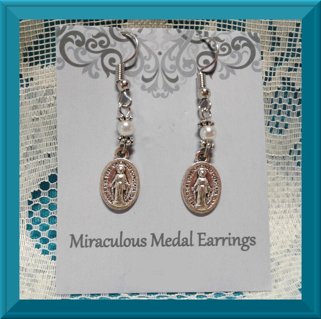Catholic Earrings Miraculous Medal Blessed Virgin Mother Mary Double Side Dangle