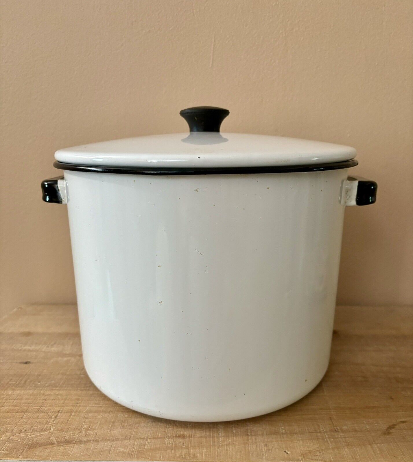 Vintage Large White Enamel Soup Pot with Lid & Black Handles Primitive Decor
