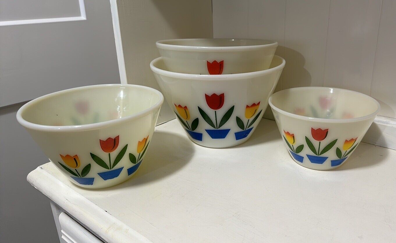 fire king tulip mixing bowls 1940’s Era Vintage Red Yellow Blue Cream