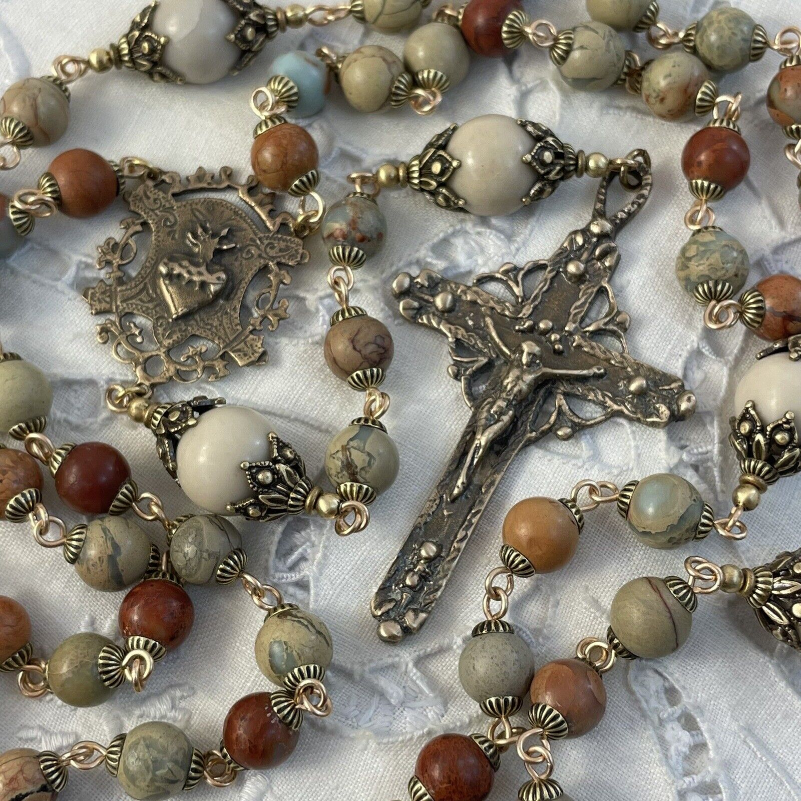 Beautiful Rosary Rustic Sacred Heart  Solid Bronze Opal Jasper Beads Handmade