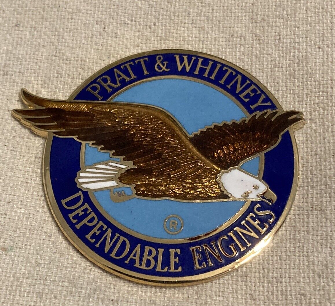 VINTAGE PRATT & WHITNEY AIRCRAFT DEPENDABLE ENGINES ENAMEL ON BRASS EMBLEM