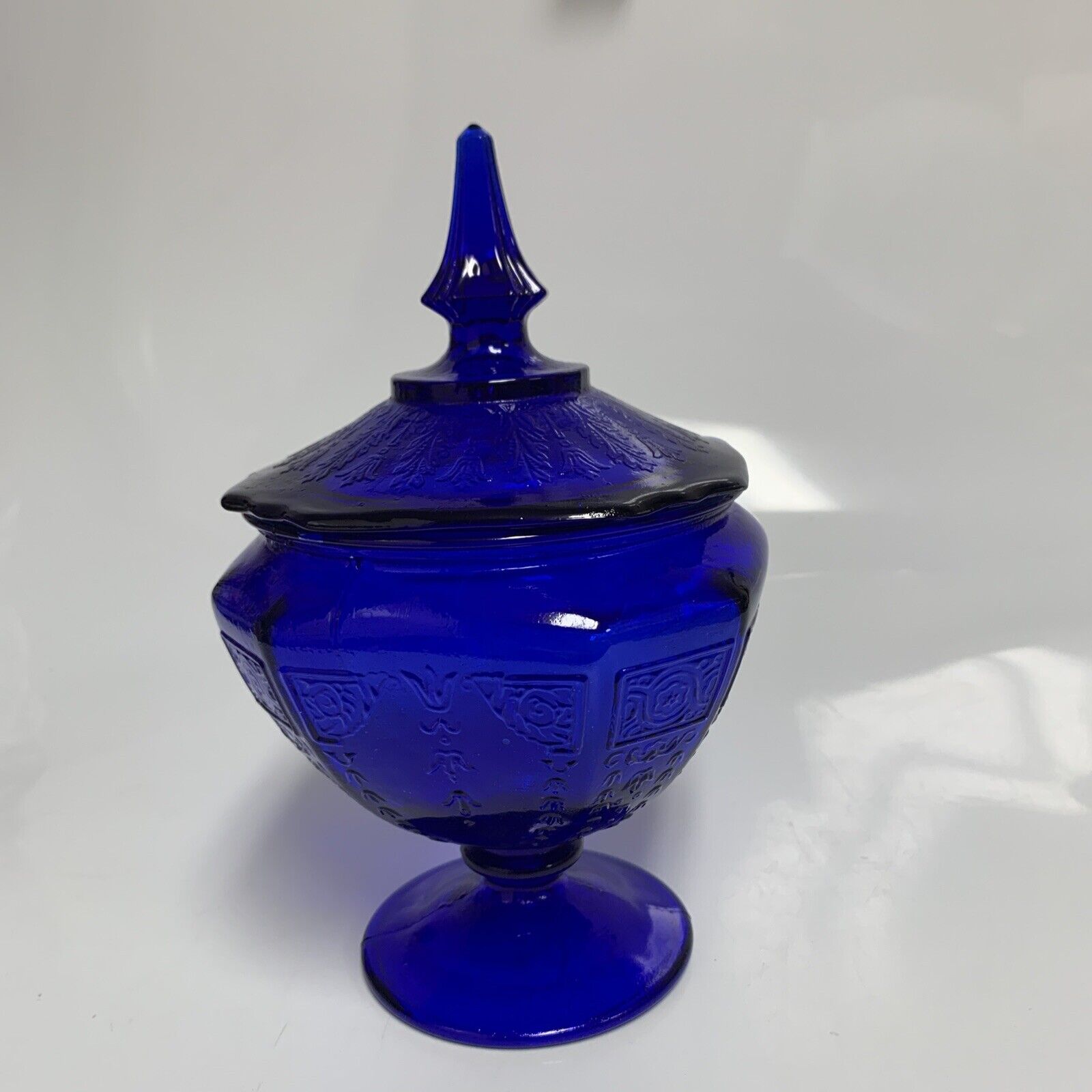 Anchor Hocking Princess Pattern Cobalt Blue Glass Footed Candy Jar  Vintage