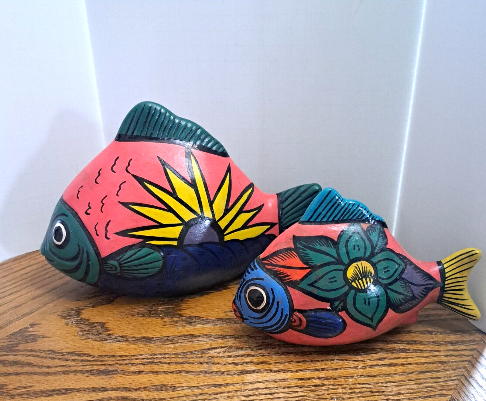 Pair of  Terracotta Mexican Painted Fish Set of 2