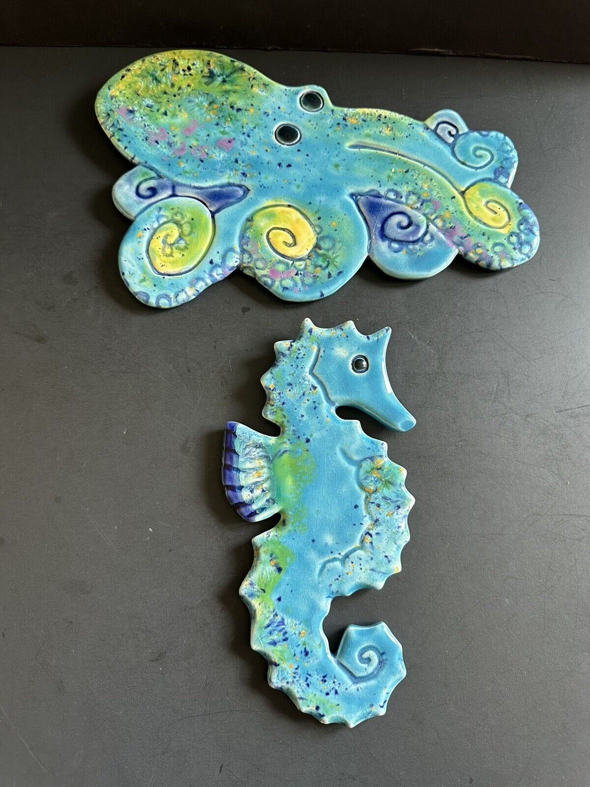 Vtg Catfish Corner Art Pottery Seahorse Octopus Wall Decor Turquoise Pair