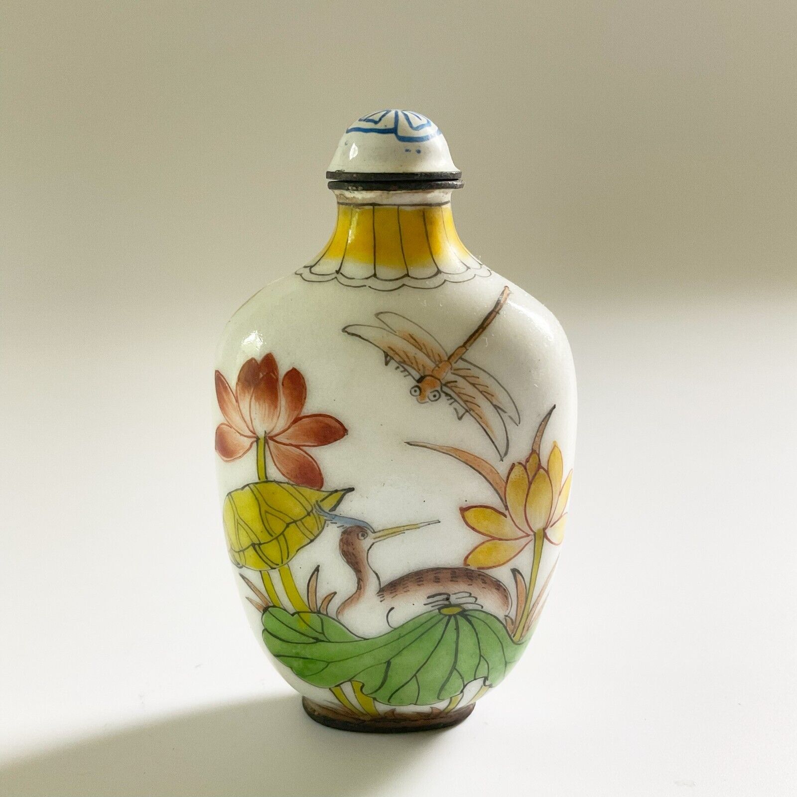 Hand Painted Asian Copper Enamel Snuff Bottle Crane Lotus Dragonfly