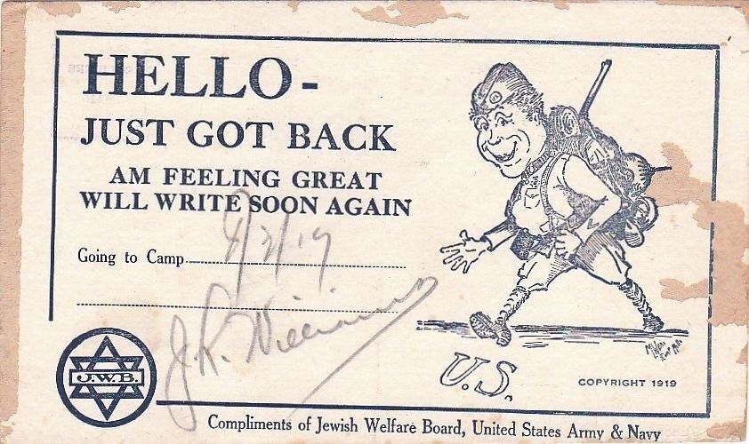 Postcard Judaica WWI Military 1919 Jewish Welfare Board