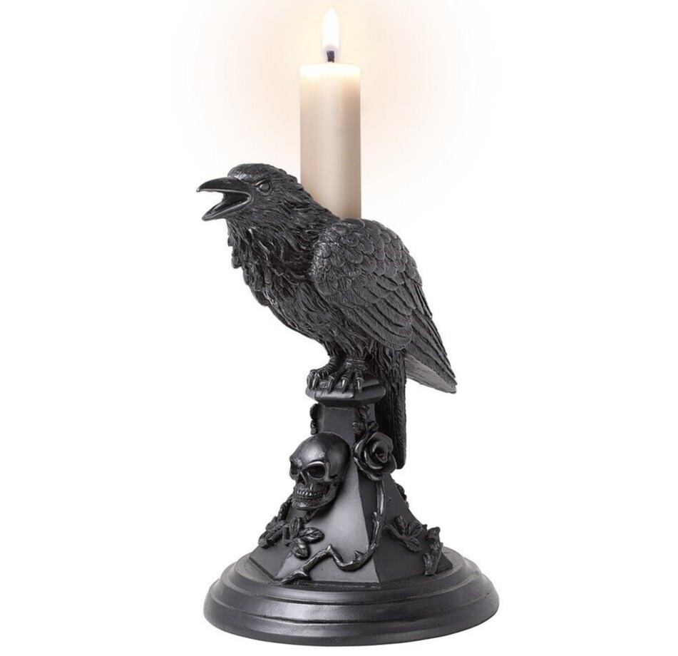 Alchemy Gothic Poe's Black Raven Tapered Candle Stick Holder Skull Wicca V109