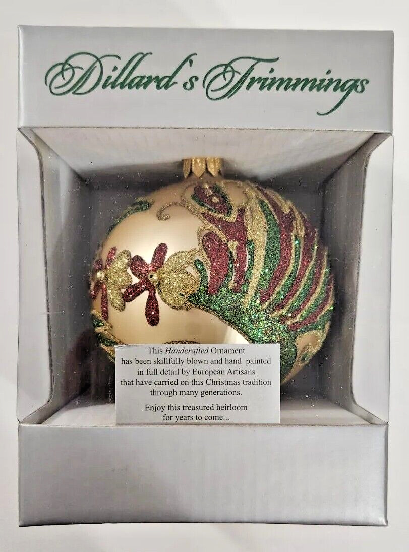 2011 Dillards Trimmings Gold Christmas Holiday Glass Blown Ornament Hand Painted