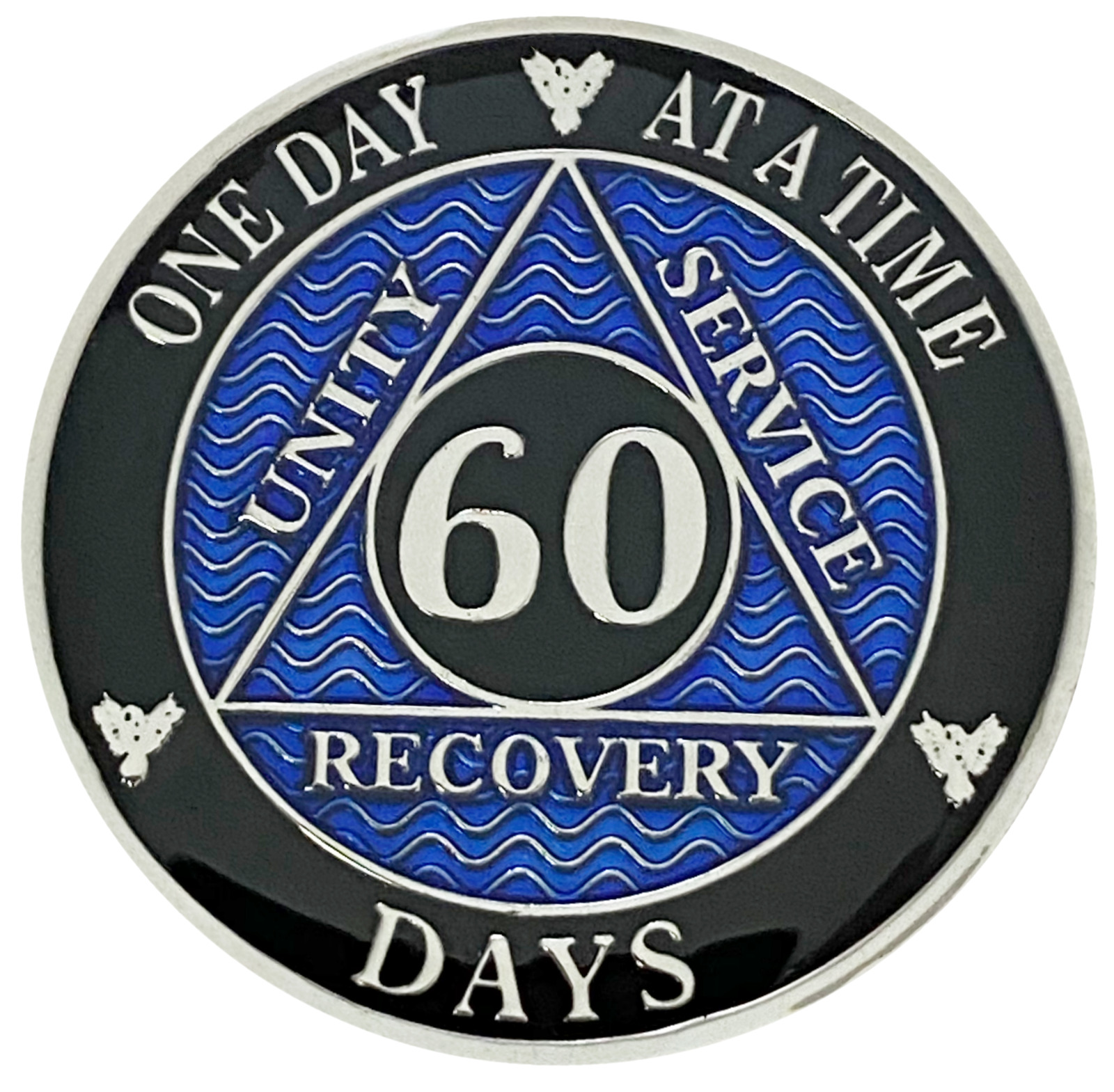 AA 60 Days Blue, Silver Color Plated Coin, Alcoholics Anonymous Medallion