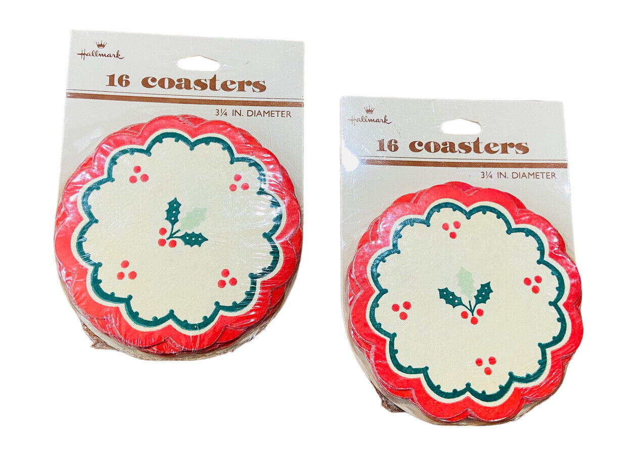 Vtg Paper Christmas Coasters Hallmark Poinsettia 12 NOS Plastic Wrap Torn