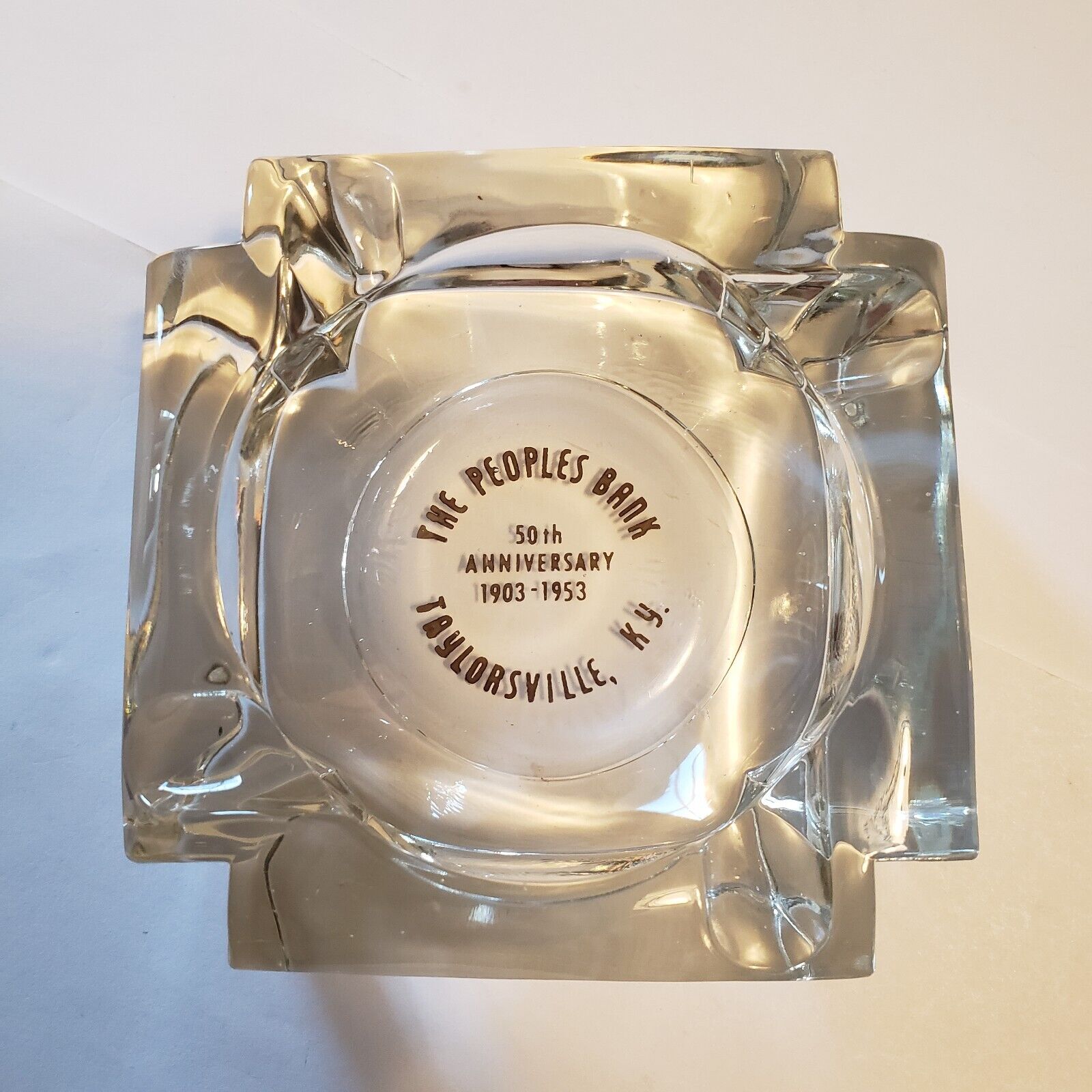 Vintage Glass Ashtray Paper Weight The Peoples Bank 50th Anniversary Kentucky