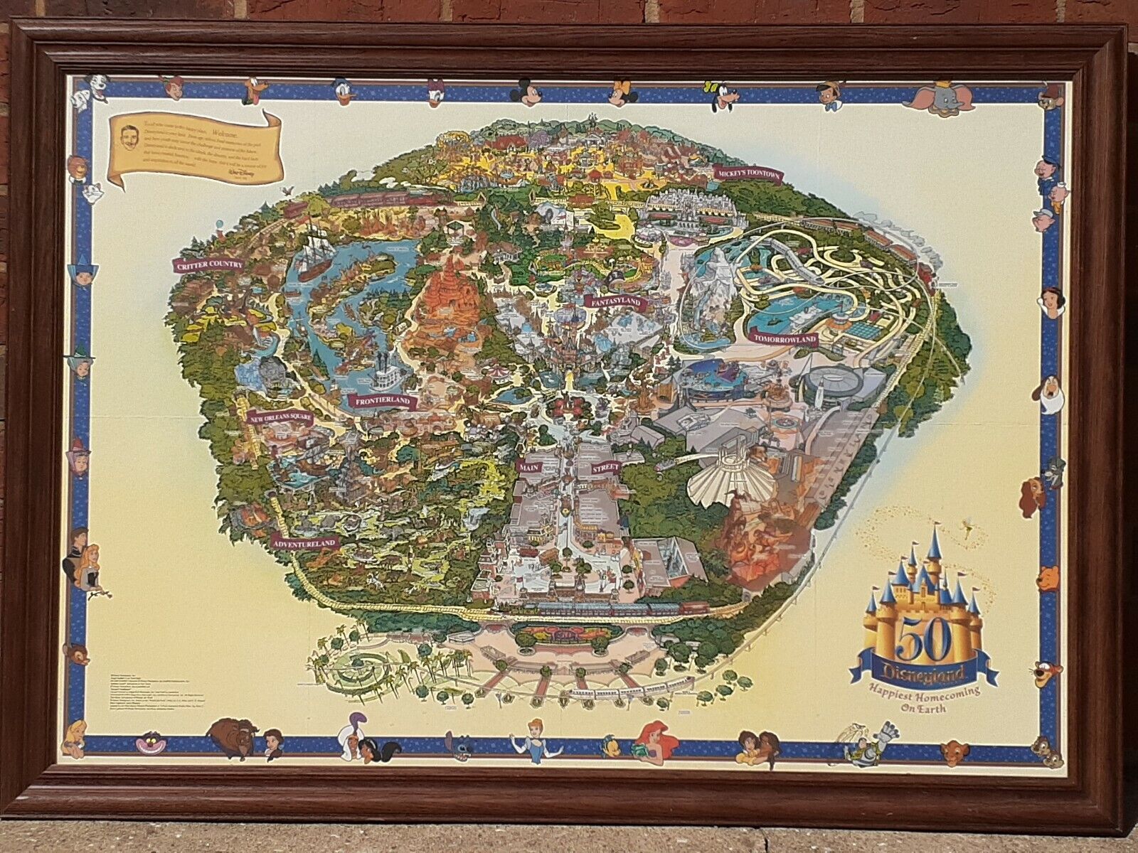 LARGE 2005 DISNEYLAND 50th ANNIVERSARY PARK MAP FRAMED DISNEY COLLECTIBLE 