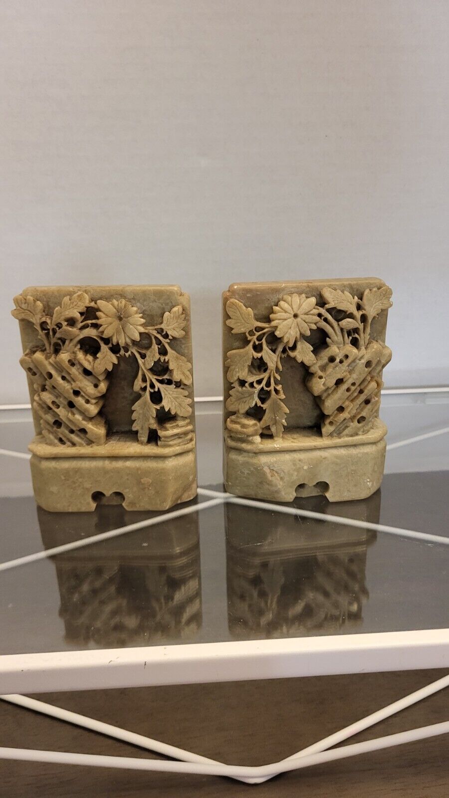 WOW Vintage Set of 2 Chinese Soapstone  Bookends Carved 3D Floral  1900s?