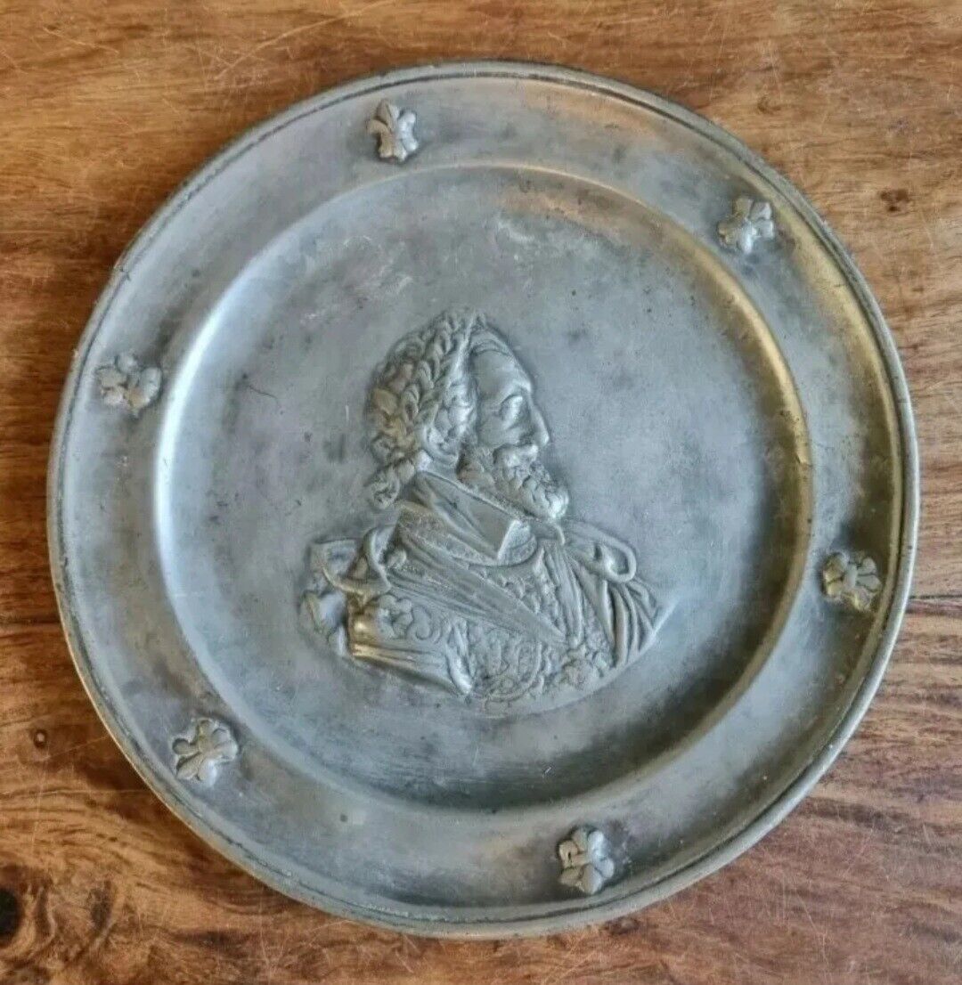 antique pewter plate French signed Arthur Chaumette Late 1800s King Henry IV