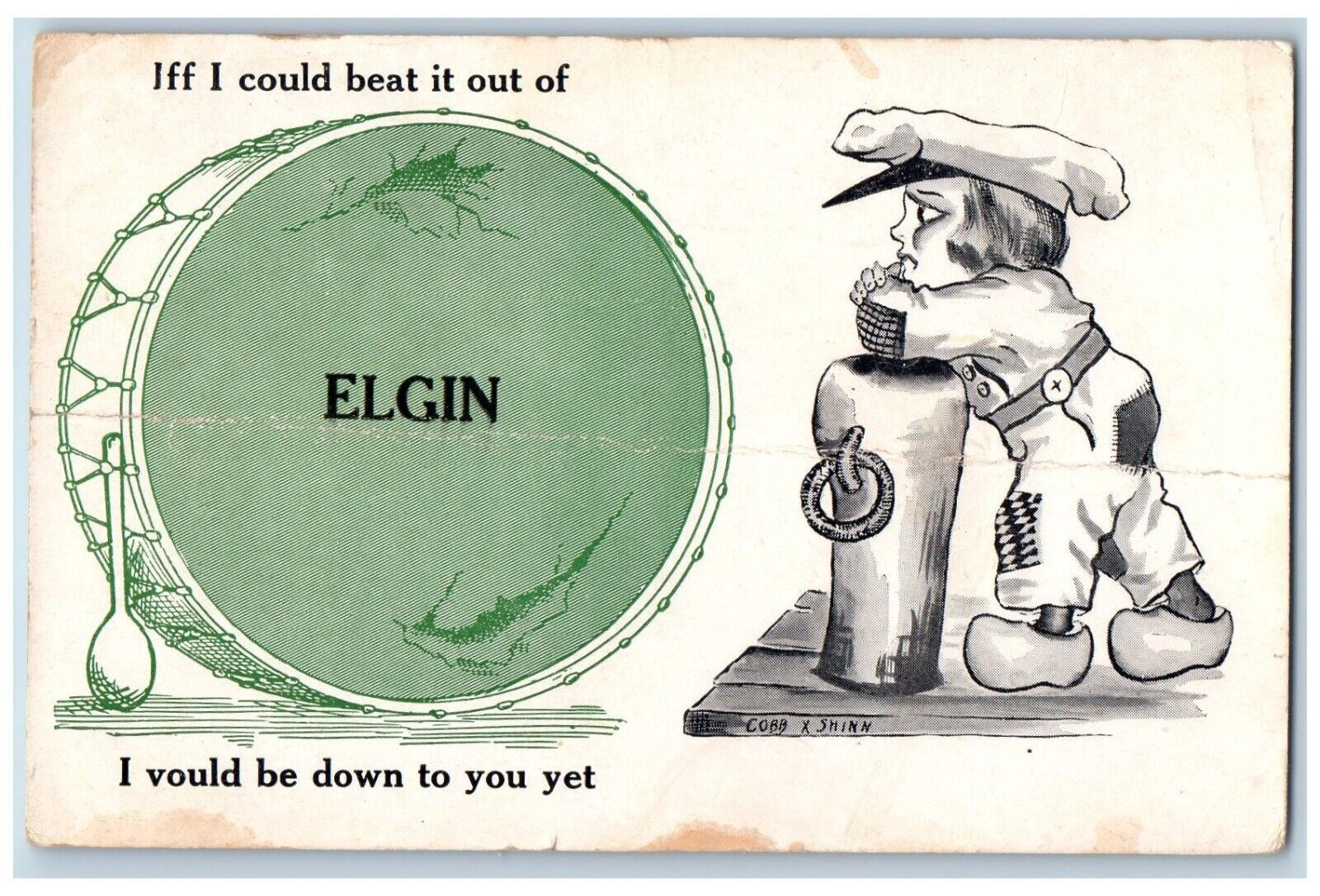 Cobb Shinn Artist Signed Postcard Dutch Kid Elgin Drum Ghost Town Lisle NE 1914