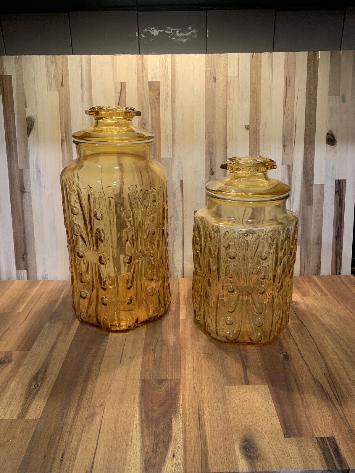 2 Large Imperial Glass Yellow Amber Atterbury Scroll Canister Jar & Lids 12” 10”