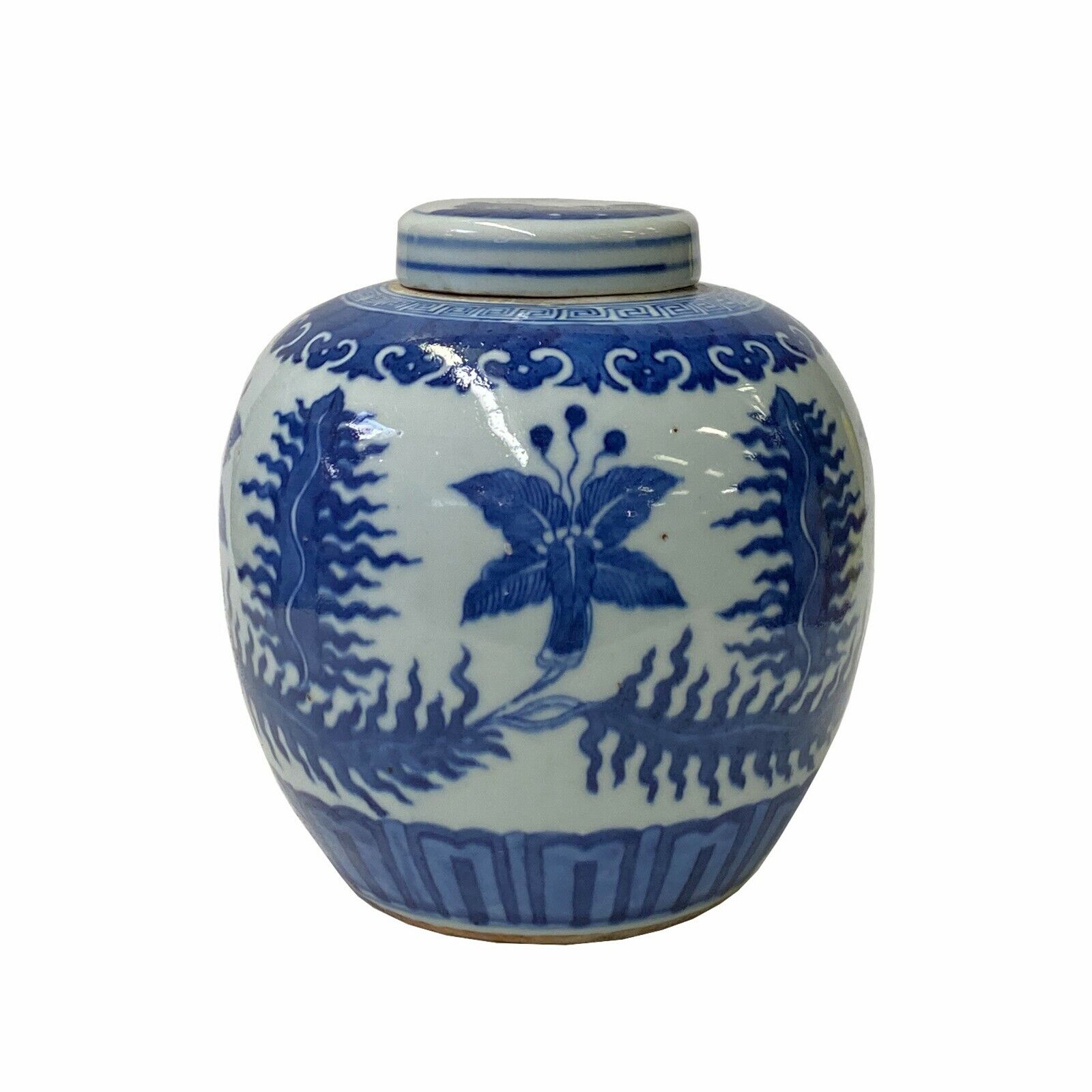 Oriental Hand-paint Leaves Graphic Blue White Porcelain Ginger Jar ws1707