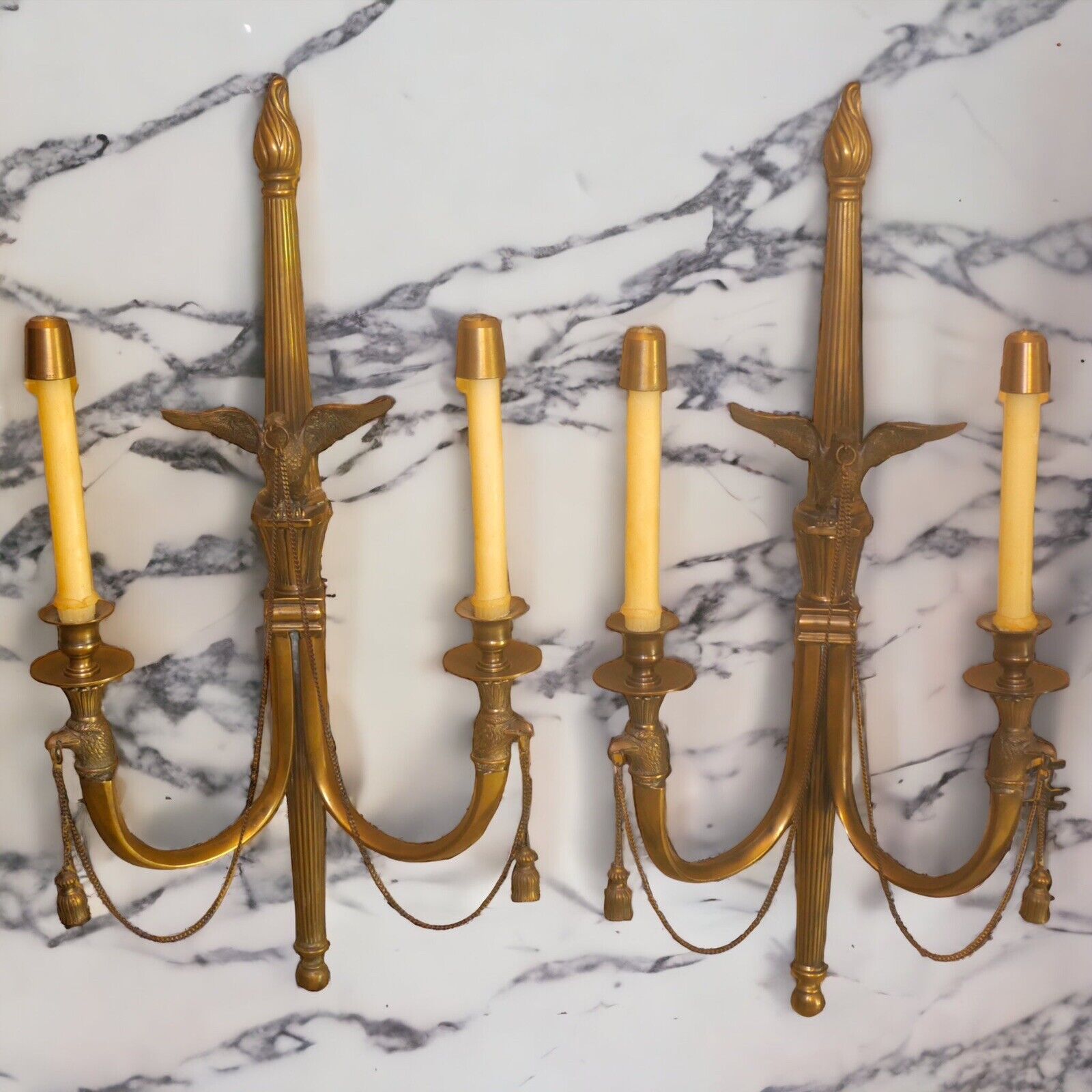 Pair of 1980's American Federal Style Gilt Brass Eagle/Torch Candelabra Sconces