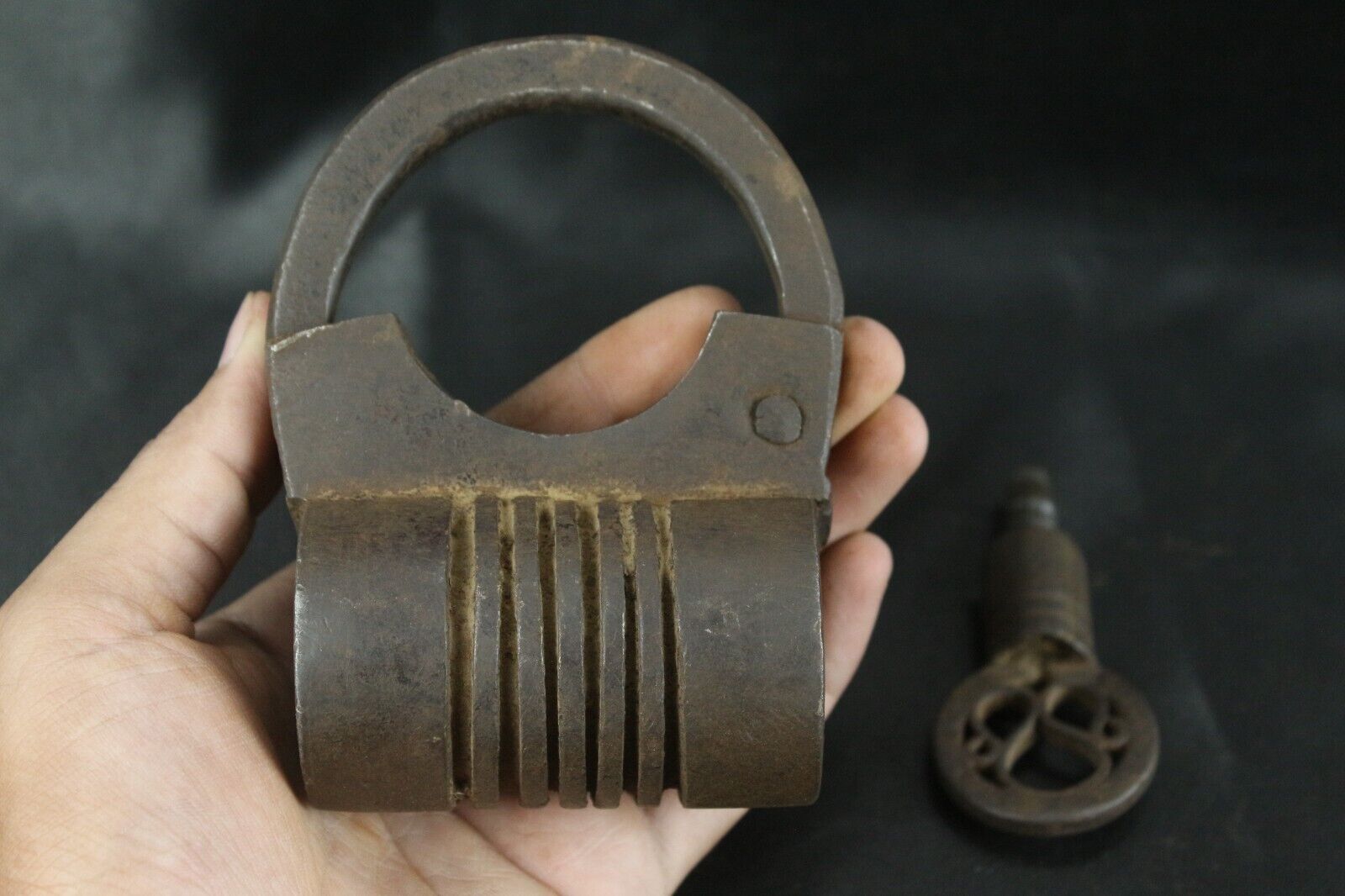 Vintage Iron Cylindrical Shape Lock: Handmade Screw Style Key, Indian Antique