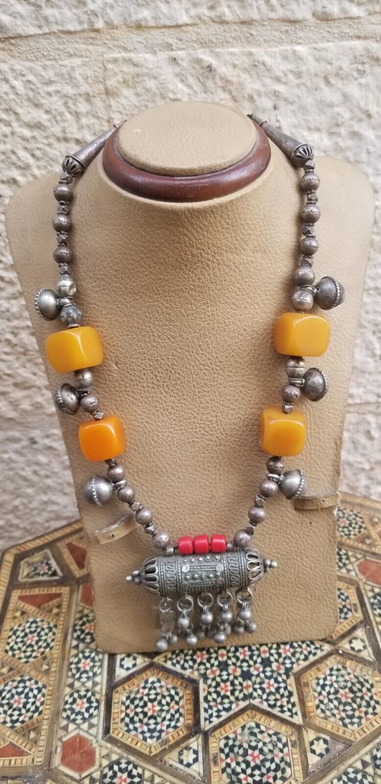 Antique Yemen silver neckless with cube Dice Beads German Bakelite 121G